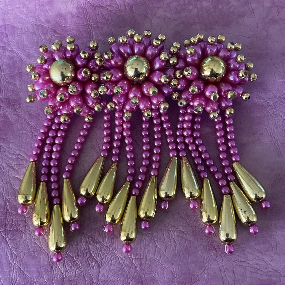 Pink And Gold Floral Faux Pearl Waterfall Beaded Hair Clip Bridal Prom Vintage